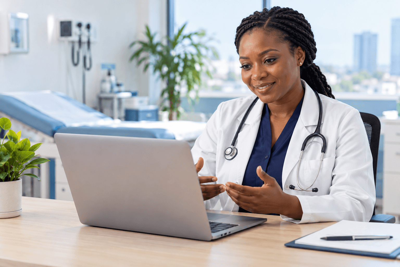 Illustrative image of a doctor using a laptop for a remote consultation